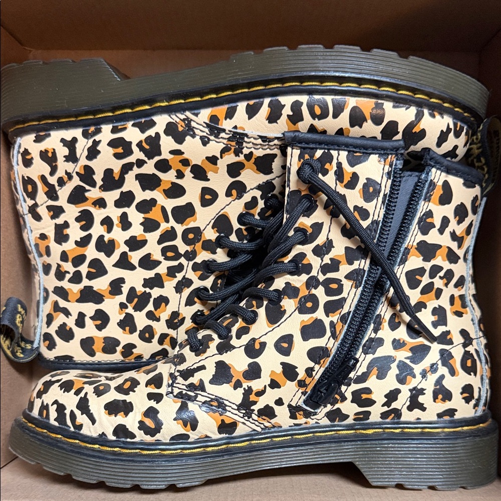 Dr. Martens Kids Leopard Print Combat Boots - Black, Tan, Brown